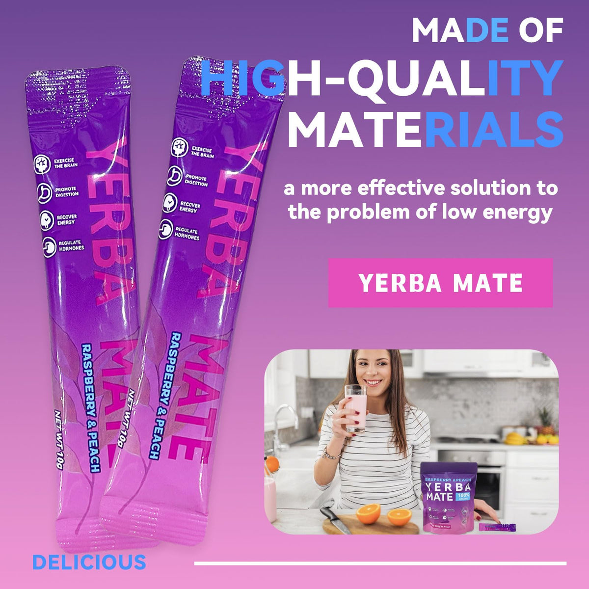 ZHHOIN JIAKE Yerba Mate Raspberry Peach powder sticks label shows clean ingredients.