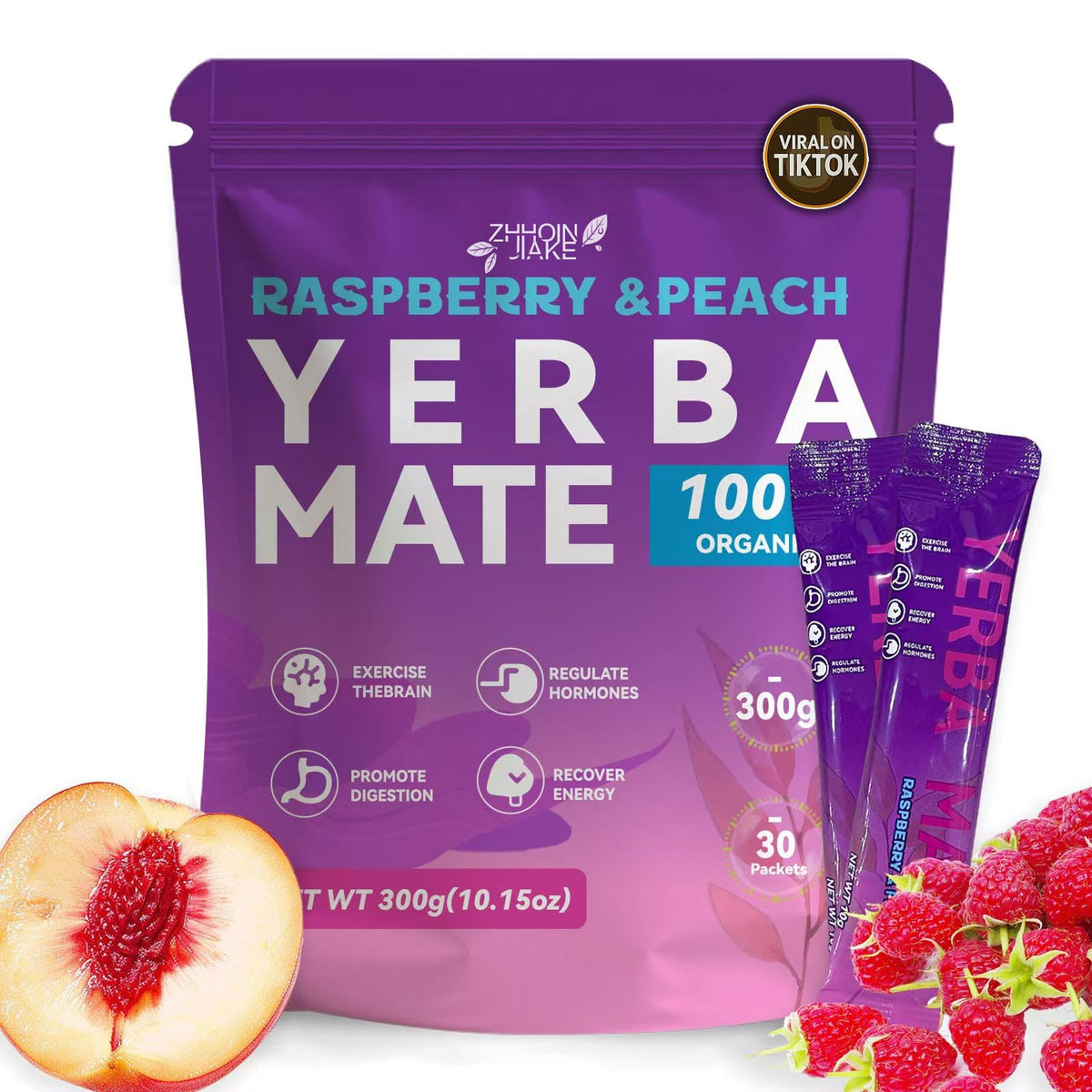 ZHHOIN JIAKE Yerba Mate Raspberry Peach stick pack for convenient on the go energy.