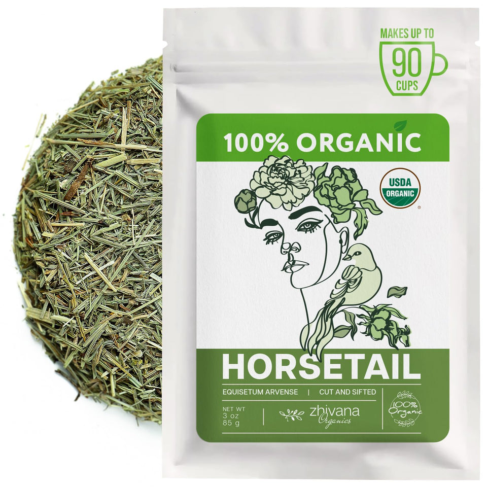 Zhivana Organics Horsetail Tea packaging in a 3 oz tin for convenient daily infusion