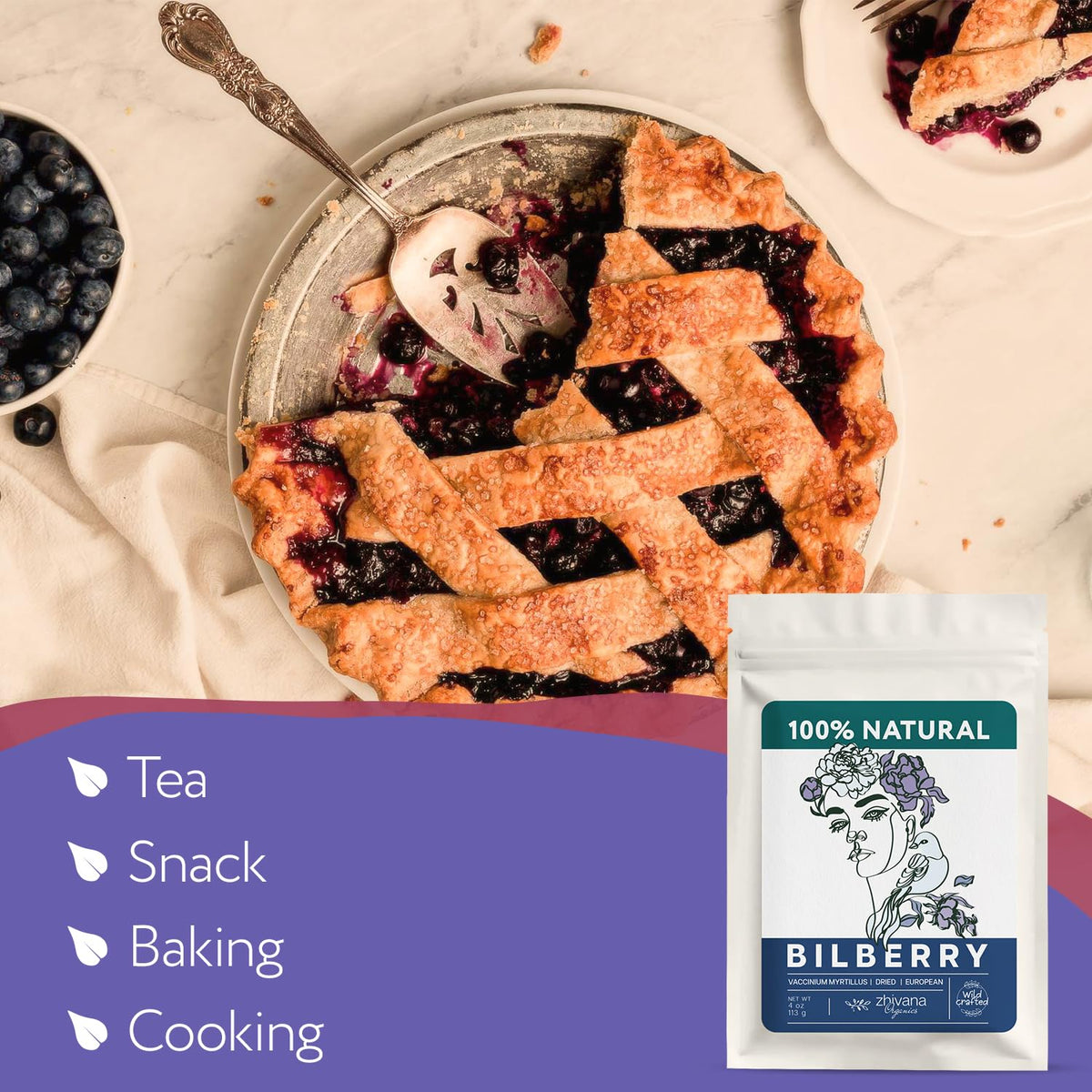 Zhivana Organics bilberry leaves and berries on surface, fresh-picked look for snacking