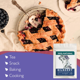 Zhivana Organics bilberry leaves and berries on surface, fresh-picked look for snacking