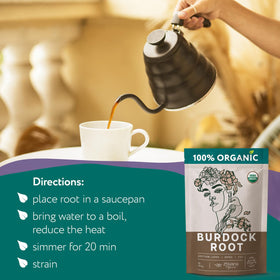 Zhivana Organics burdock root tea dried roots closeup, showcasing natural quality and careful harvest