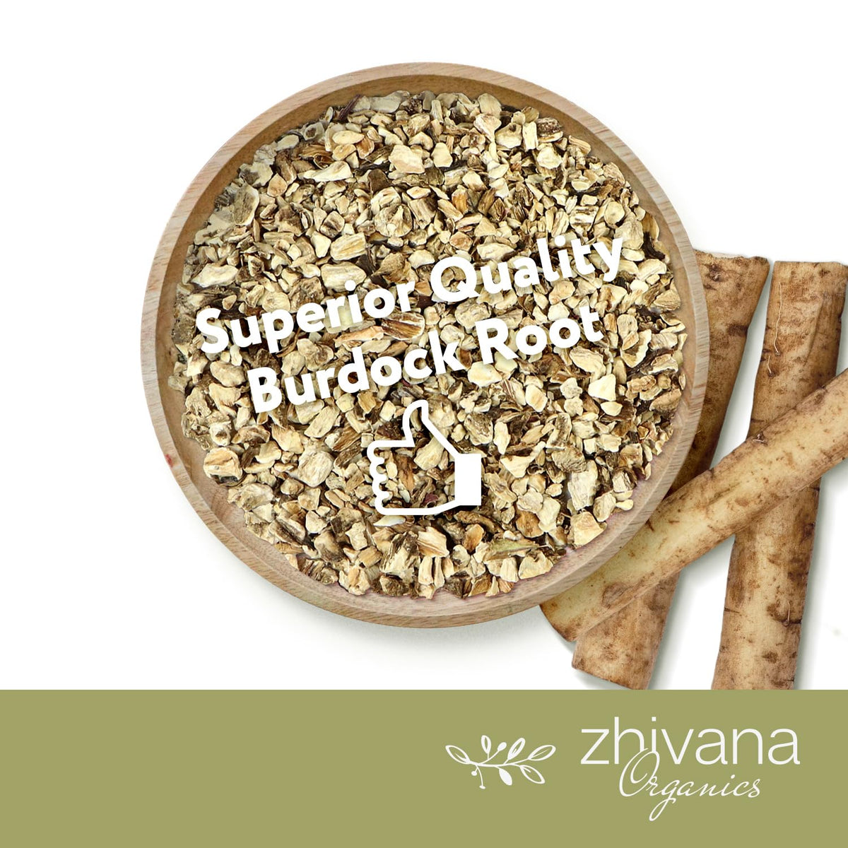Zhivana Organics burdock root tea dried roots with USDA Organic badge for pure brews