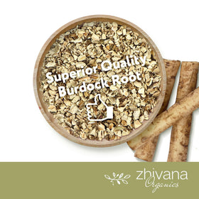 Zhivana Organics burdock root tea dried roots with USDA Organic badge for pure brews