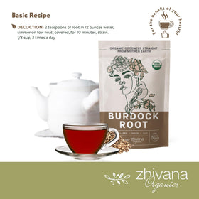 Zhivana Organics burdock root tea infusion steeping cup offering a warming, comforting moment