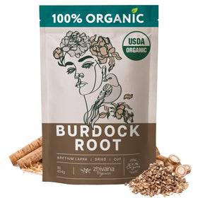 Zhivana Organics premium burdock root tea label closeup signaling trusted sourcing