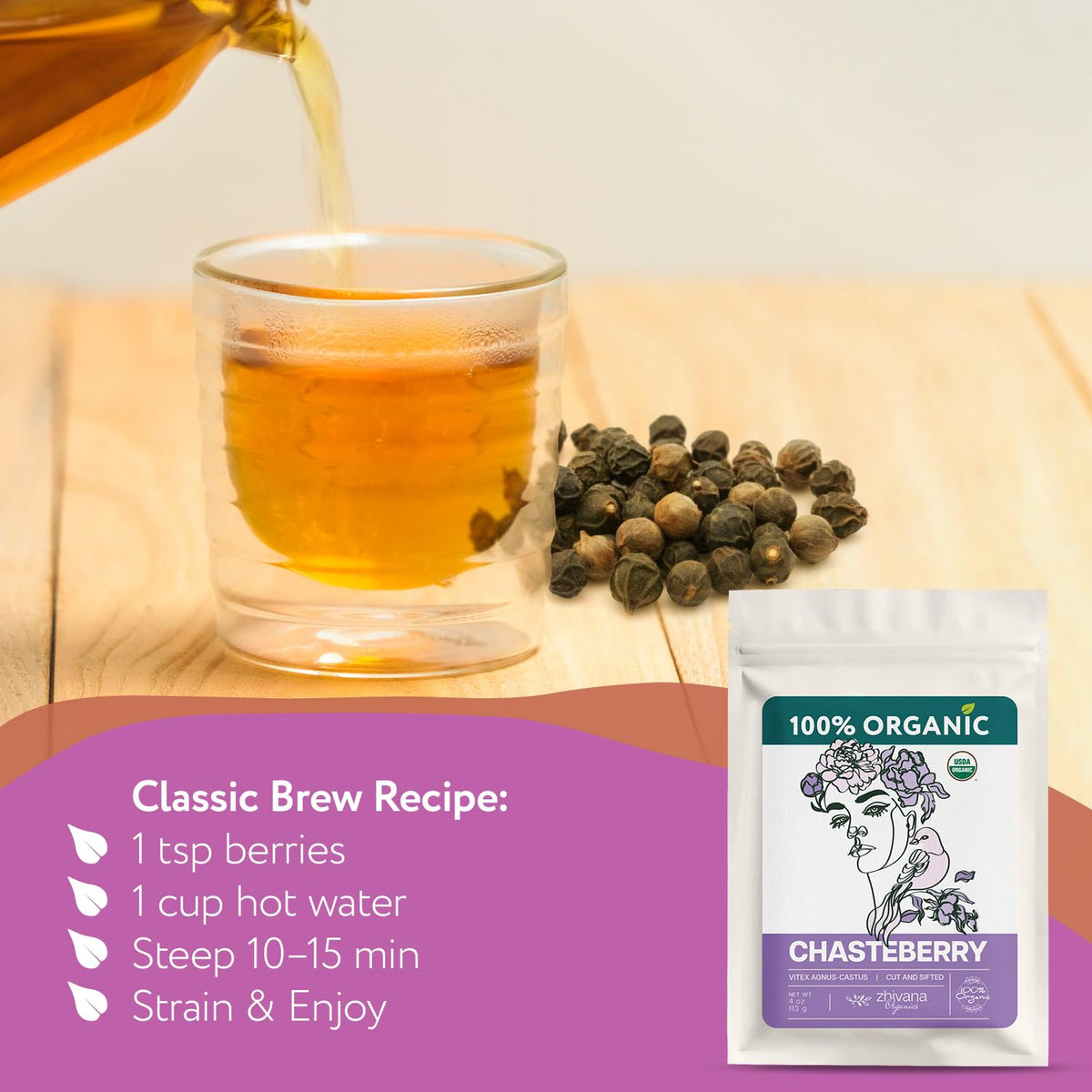 Zhivana Organics packaging label communicates organic, caffeine-free heritage.