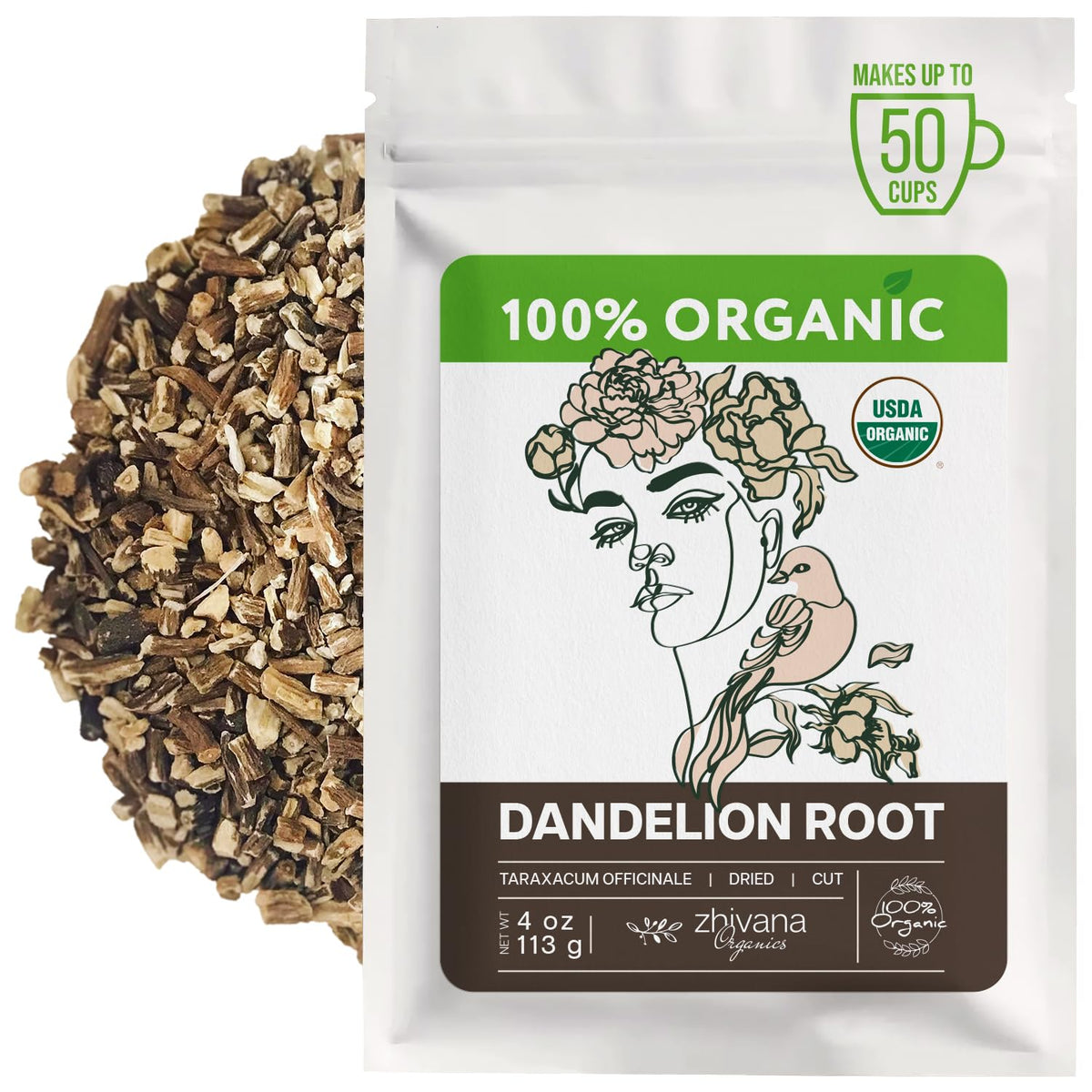 Zhivana Organics dandelion root tea bundle showcases organic sourcing for a clean, flavorful cup.