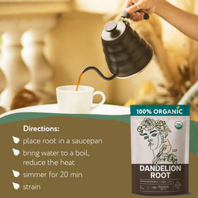 Zhivana Organics dandelion root tea label highlights organic farming and purity.