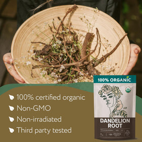 Zhivana Organics dandelion root tea packaging displays USDA Organic status and authentic herb.