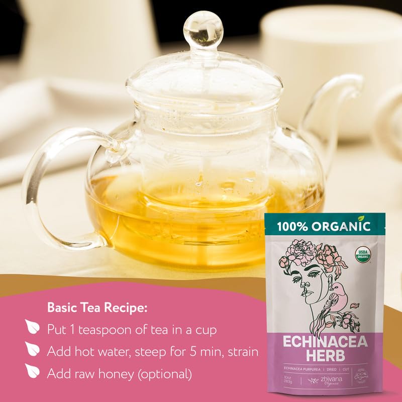Zhivana Organics Echinacea Tea tea-scoop on counter for precise measuring.