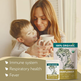 Zhivana Organics elderflower tea brew in cup delivers a calming aroma.