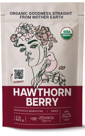Zhivana Organics hawthorn berries dried in a rustic basket, ready for tea.
