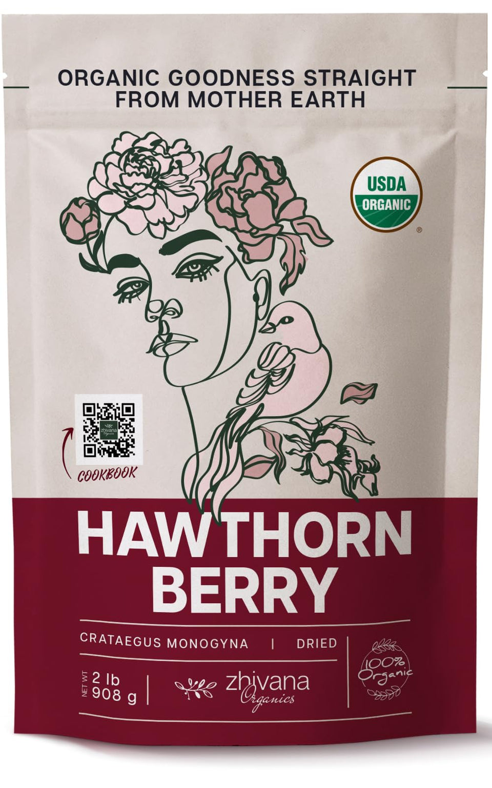 Zhivana Organics hawthorn berries dried in a rustic basket, ready for tea.