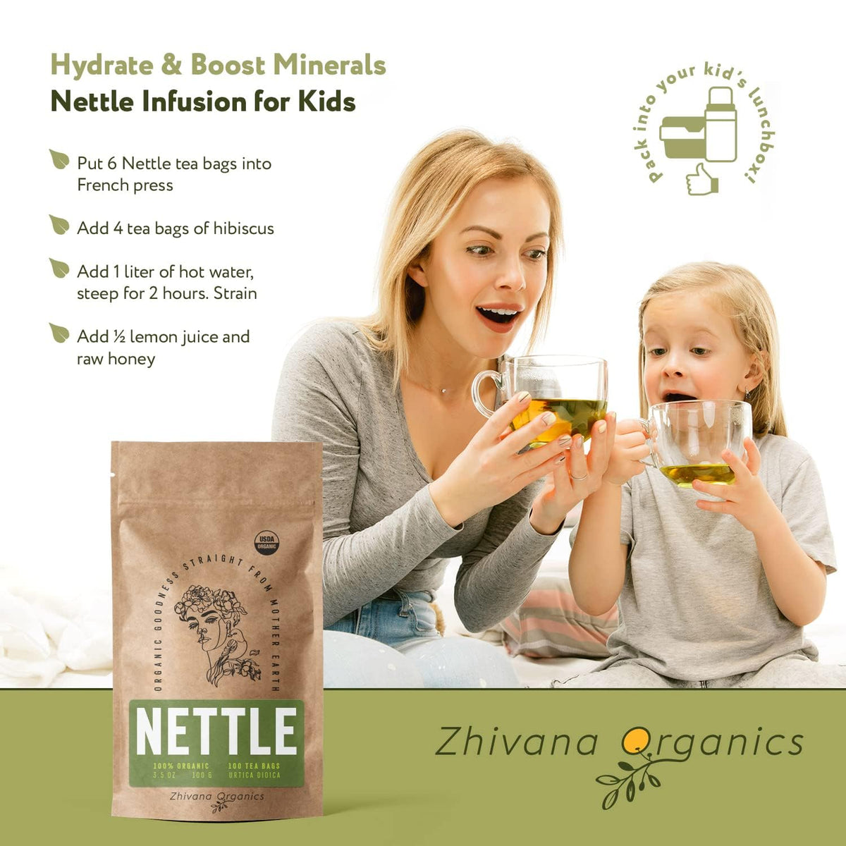 Hot brew in a cup from Zhivana Organics Nettle Tea.