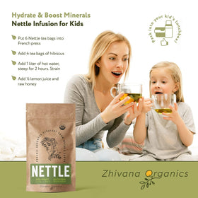 Hot brew in a cup from Zhivana Organics Nettle Tea.