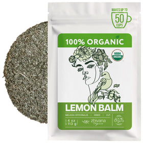 Zhivana Organics lemon balm leaves in a resealable pouch for a calming tea session.