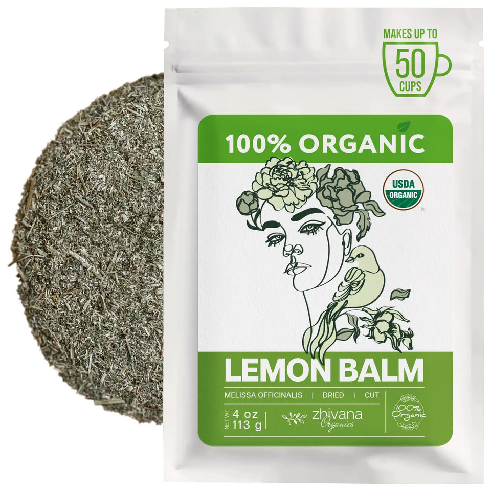 Zhivana Organics lemon balm leaves in a resealable pouch for a calming tea session.