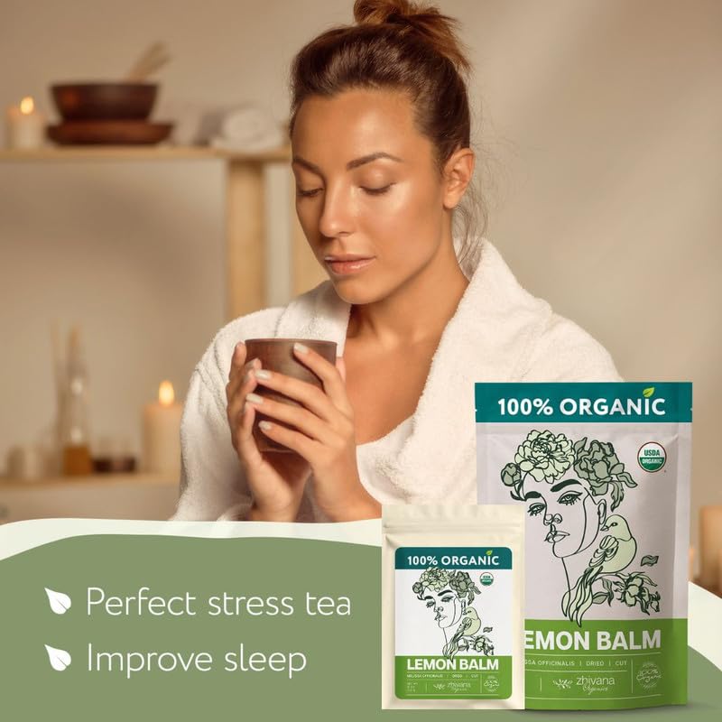 Zhivana Organics lemon balm loose tea in a clear jar for tranquil evenings.