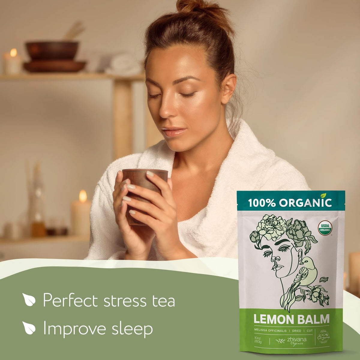 Zhivana Organics Lemon Balm Tea brew steeping cup promotes relaxation.