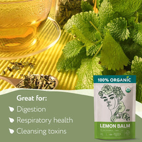 Zhivana Organics Lemon Balm Tea packaging close-up highlights organic sourcing.