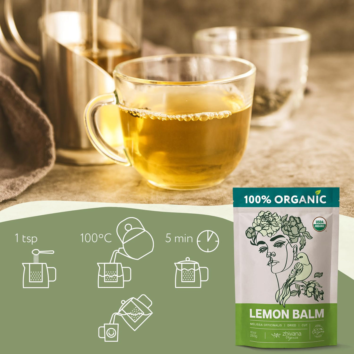 Zhivana Organics Lemon Balm Tea ready-to-drink cup with soothing aroma.