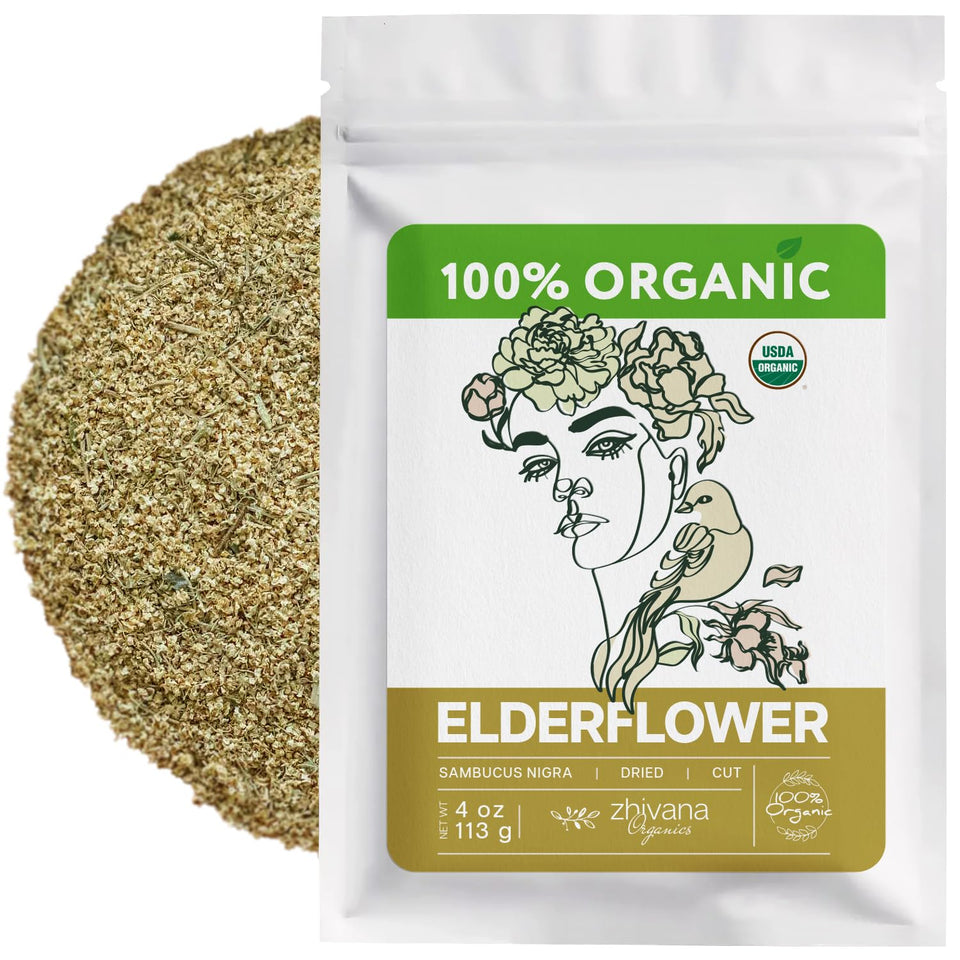 Zhivana Organics loose-leaf elderflower tea for relaxing rituals.