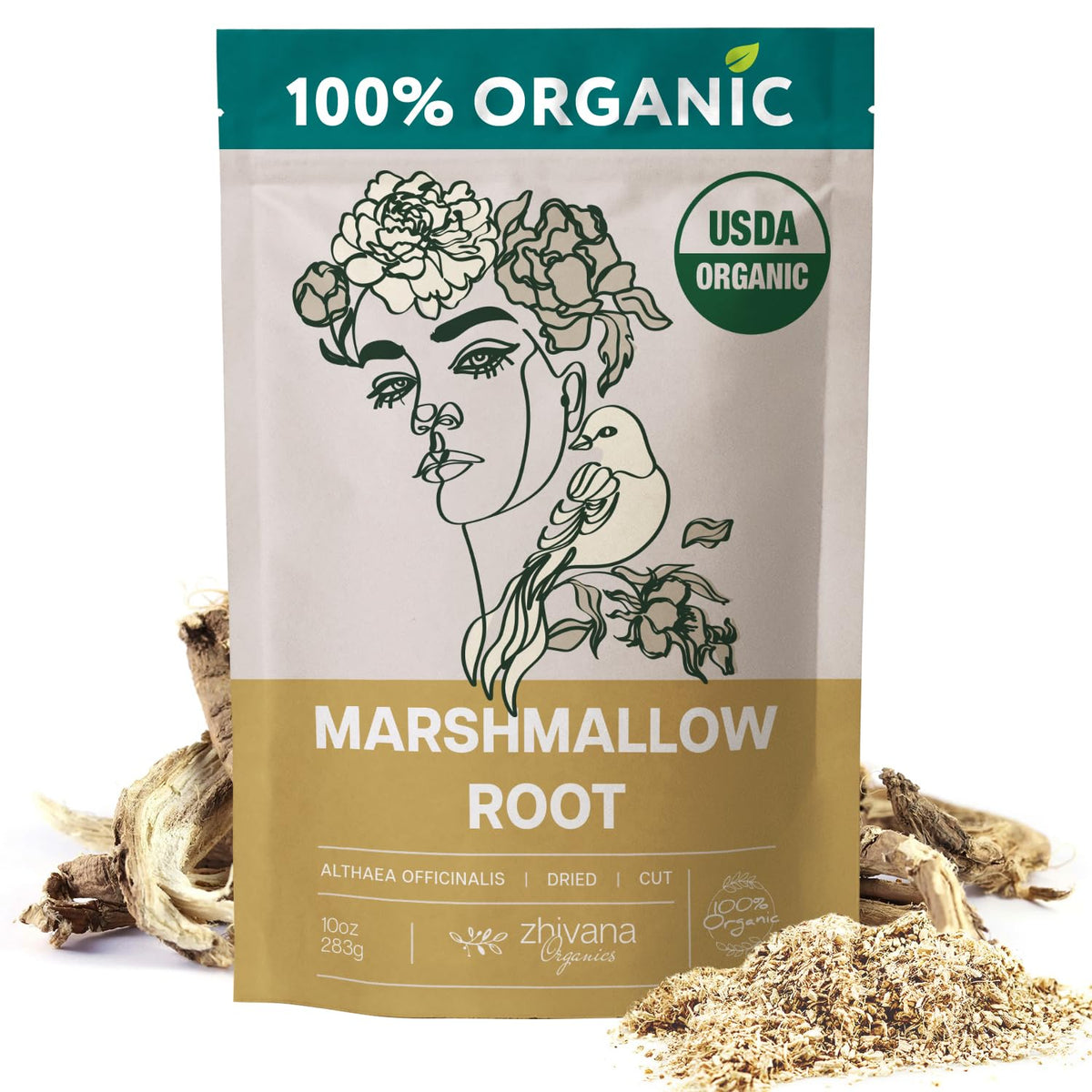 Zhivana Organics marshmallow root oral-care closeup suggests soothing potential for minor gum irritation.