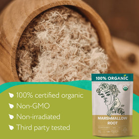 Zhivana Organics marshmallow tea label closeup emphasizes organic credentials and clear ingredients.