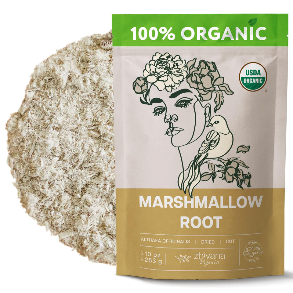 Zhivana Organics marshmallow tea packaging showcases organic sourcing for mindful tea lovers.