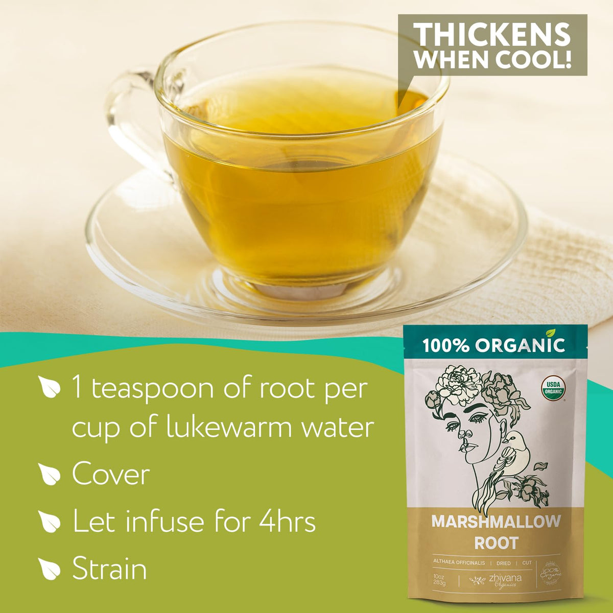 Zhivana Organics marshmallow tea sachet demonstrates convenient prep and fresh flavor.