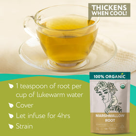 Zhivana Organics marshmallow tea sachet demonstrates convenient prep and fresh flavor.
