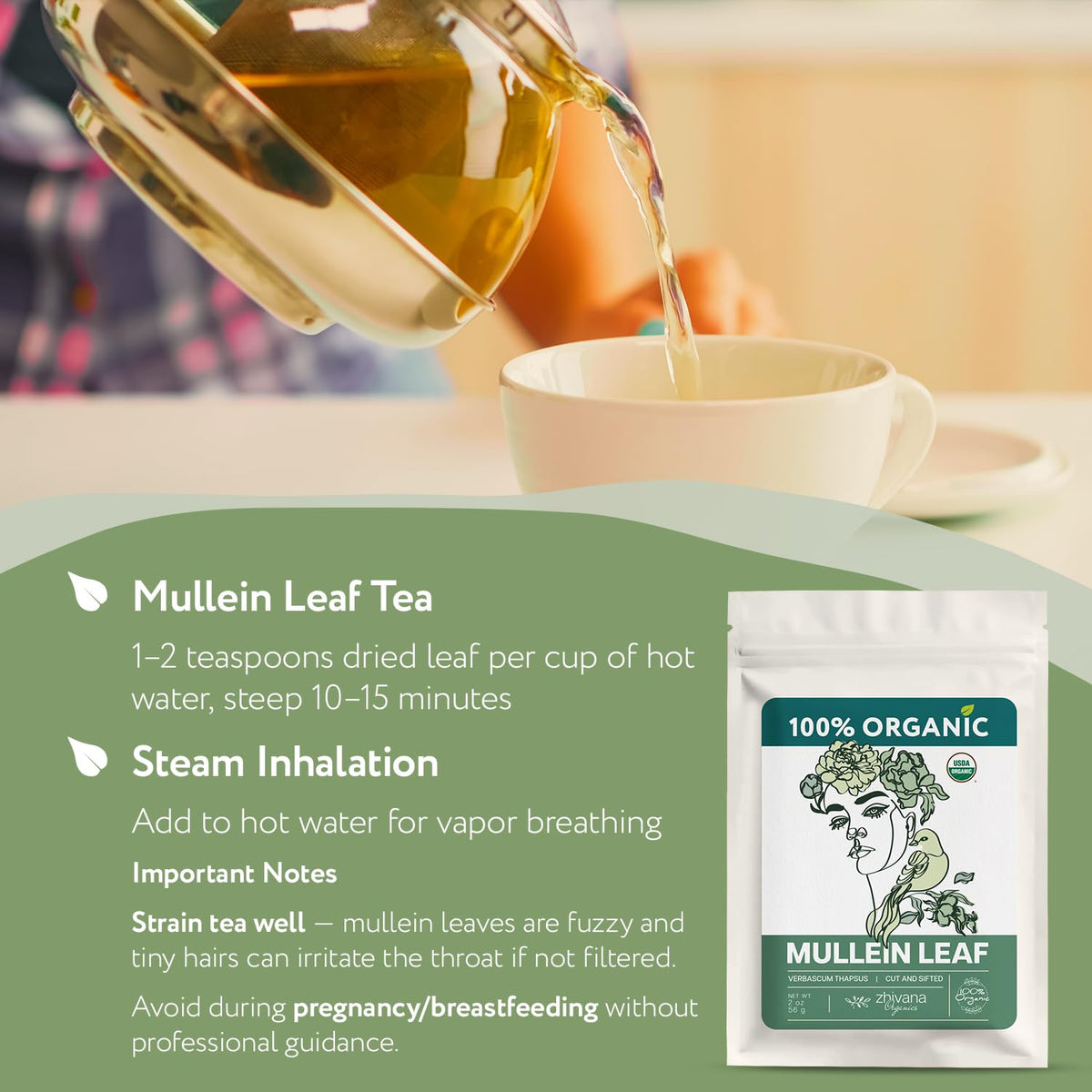 Zhivana Organics mullein tea in loose form, perfect for blends and comforting teas.