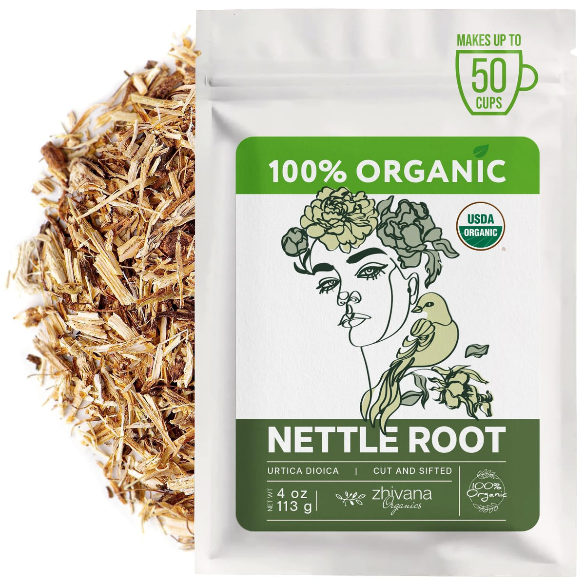 Zhivana Organics nettle root tea bottle pour for traditional infusions and easy serving.