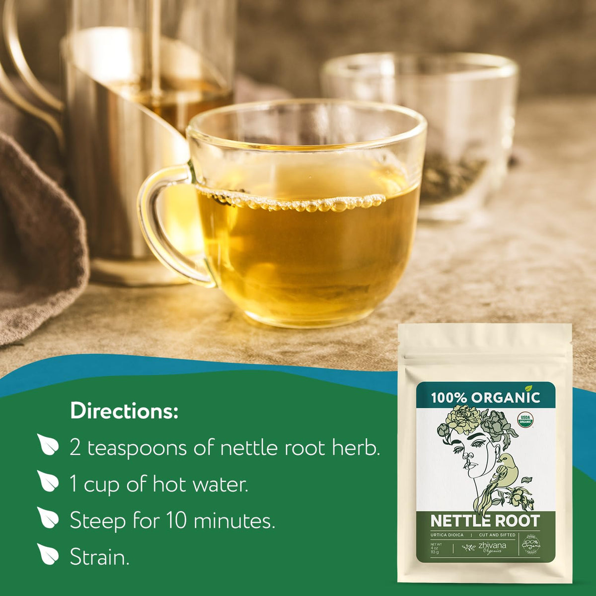Zhivana Organics nettle root tea packaging label bulk product for apothecary use.