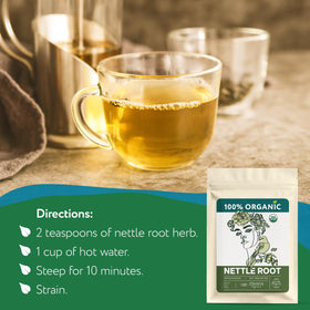 Zhivana Organics nettle root tea packaging label bulk product for apothecary use.