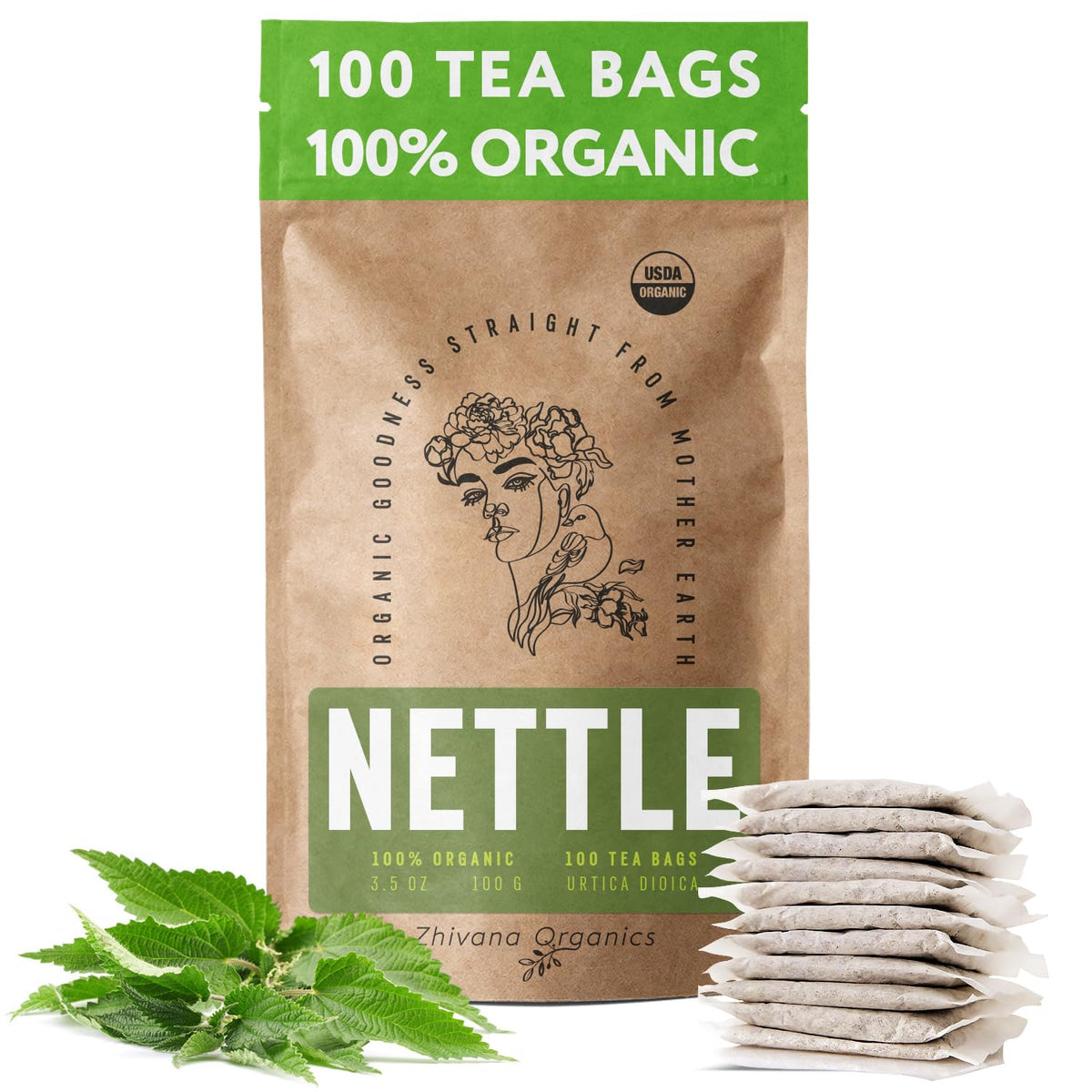 Zhivana Organics Nettle Tea bags packaging with USDA Organic seal for daily wellness.