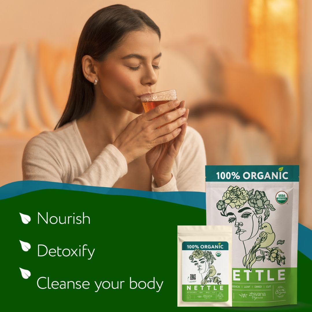 Zhivana Organics nettle tea dried leaves close-up highlights tender harvest