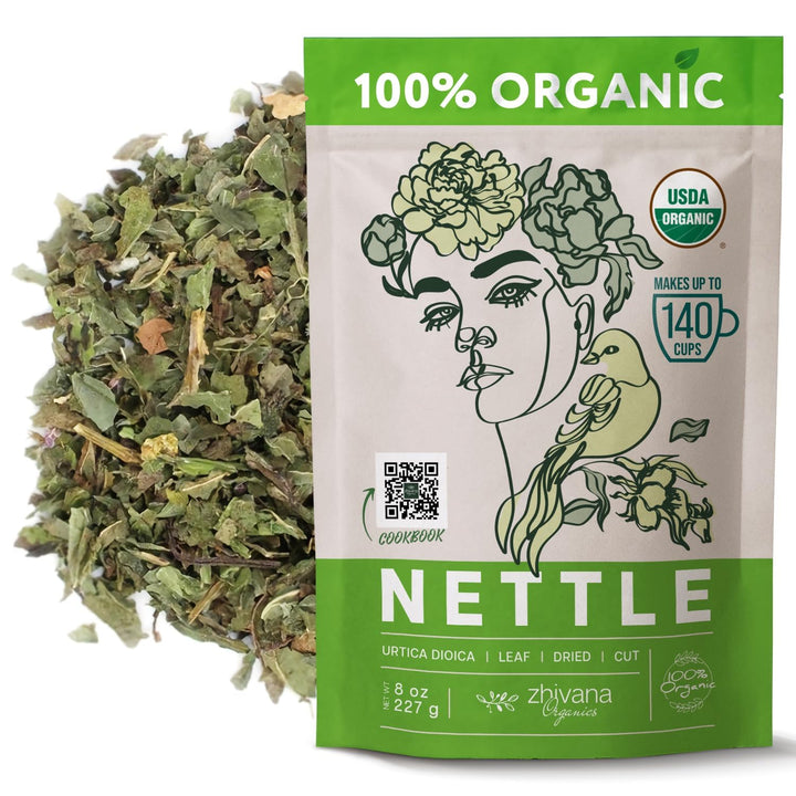 Zhivana Organics Nettle Tea leaves close-up for a nourishing herbal infusion