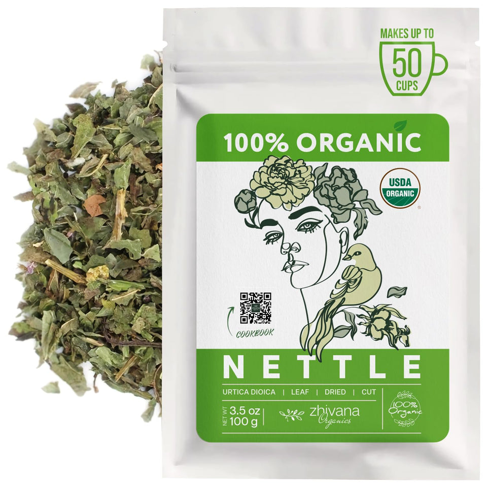 Zhivana Organics nettle tea packaging showing eco-friendly design for sustainable sourcing