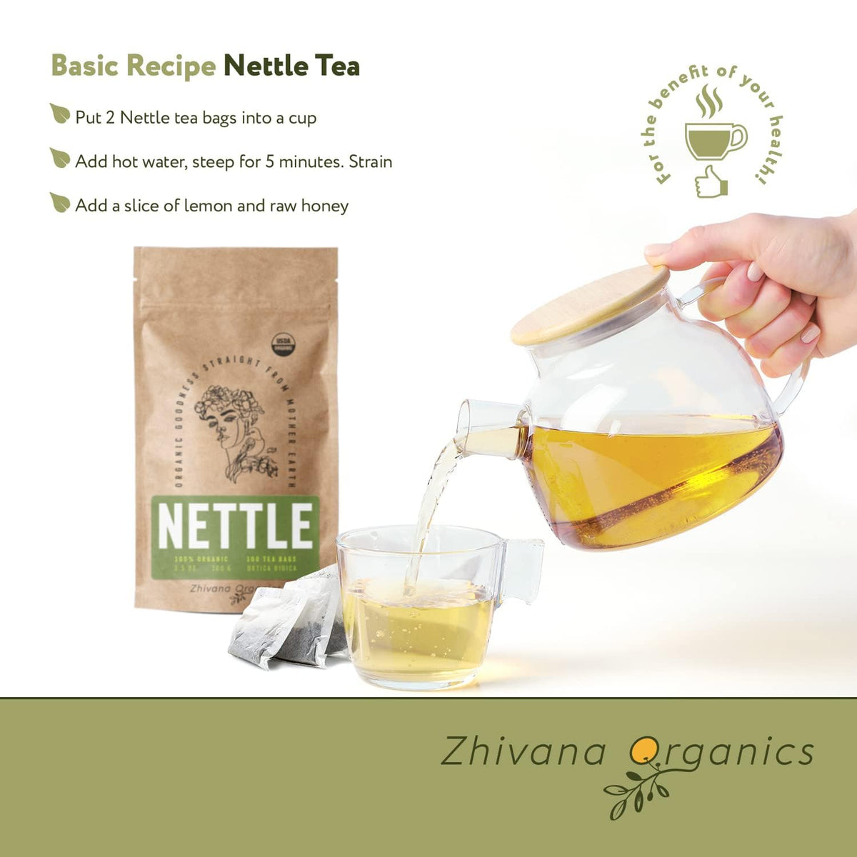 Zhivana Organics organic certification banner emphasizes pure, gluten-free, GMO-free ingredients.
