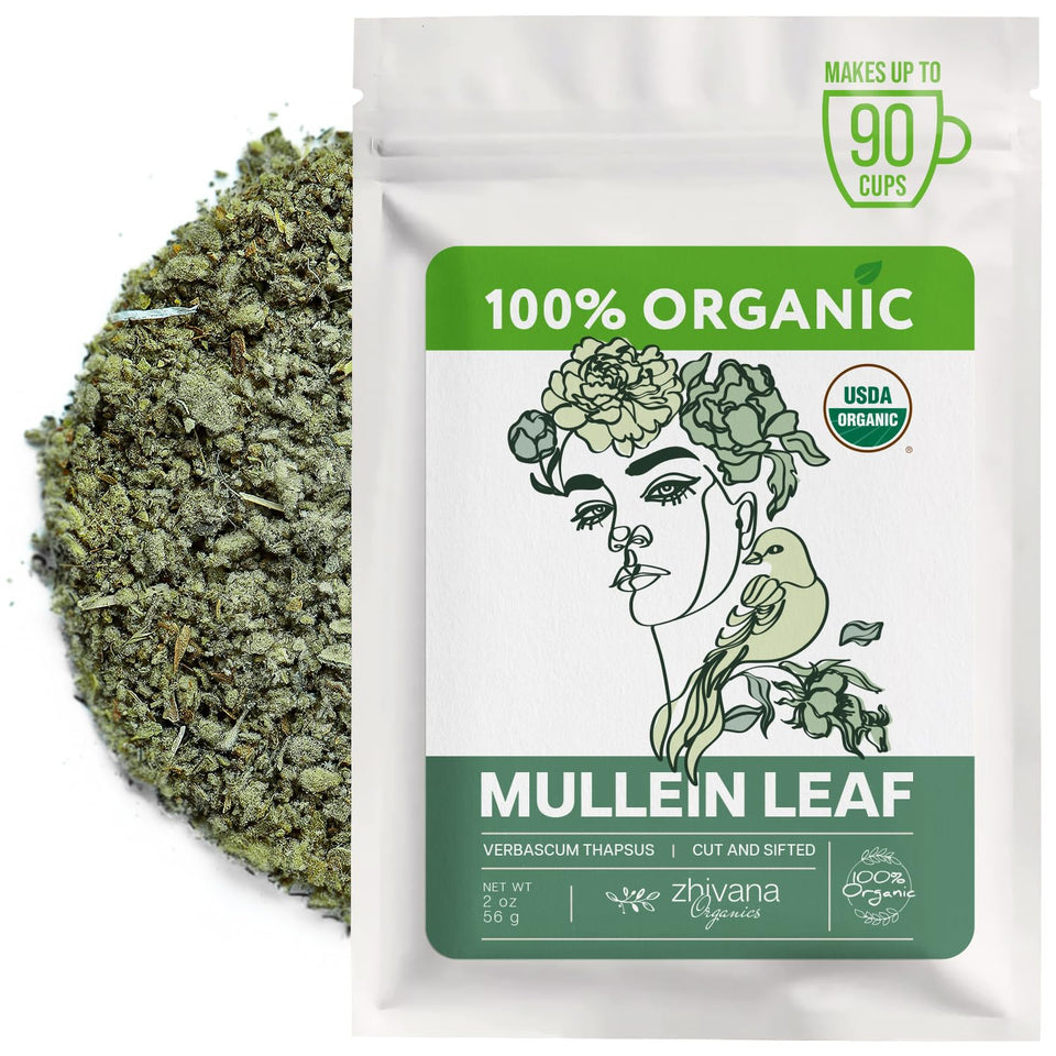 Zhivana Organics organic mullein tea loose-leaf 2oz for calming herbal infusions.