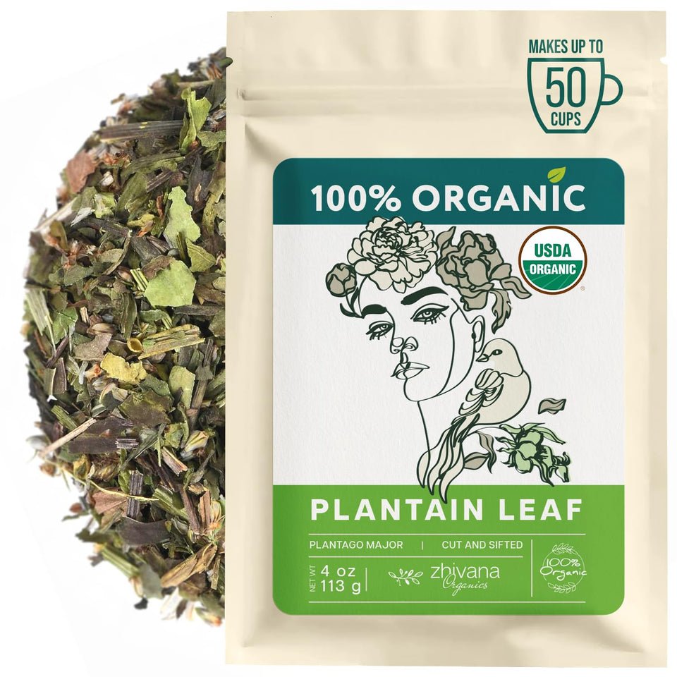 Zhivana Organics Plantain Leaf Tea pack shot showing organic leaves for a calming ritual