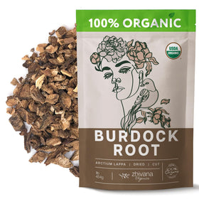 Zhivana Organics premium burdock root tea packshot emphasizing organic quality for a daily detox ritual