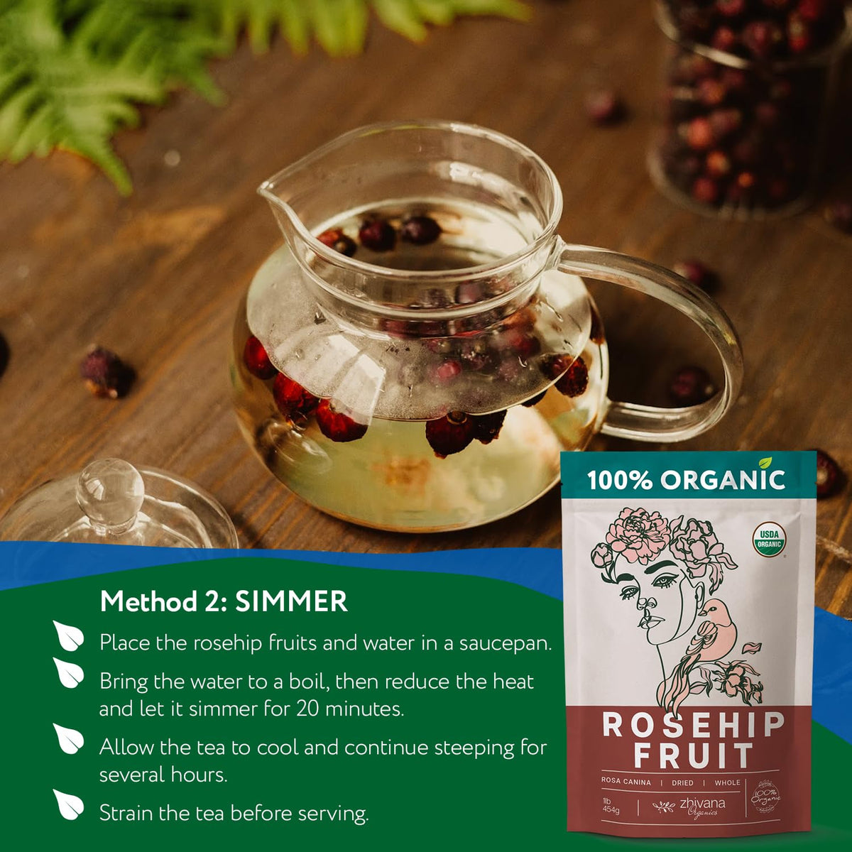 Zhivana Organics Rosehip Tea used in jams, syrups, and culinary creations.