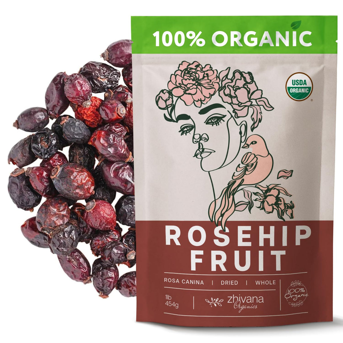 Zhivana Organics rosehips dried whole; vitamin C rich, perfect for caffeine-free tea.