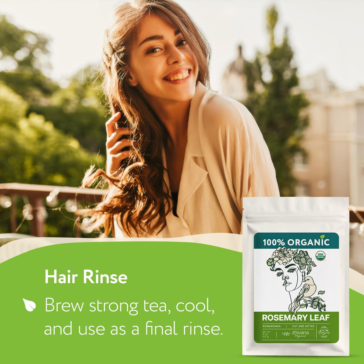 Zhivana Organics rosemary bundle in kitchen scene emphasizes freshness and aroma