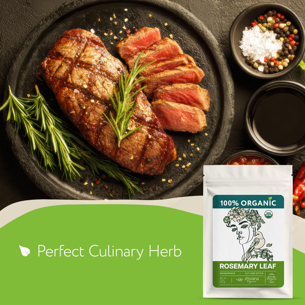 Zhivana Organics rosemary dried leaves in bowl capture rustic culinary charm
