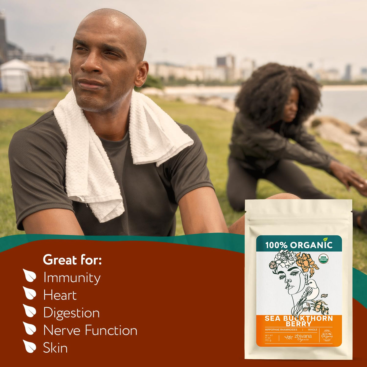 Zhivana Organics sea buckthorn tea infusion in cup, aromatic and tangy, for a nourishing ritual