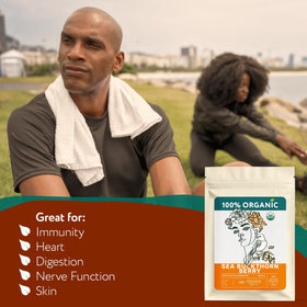 Zhivana Organics sea buckthorn tea infusion in cup, aromatic and tangy, for a nourishing ritual